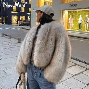 Women's Iconic Street Fashion Week Luxury Brand Gardient Cropped Faux Fur Coat for Winter 2023