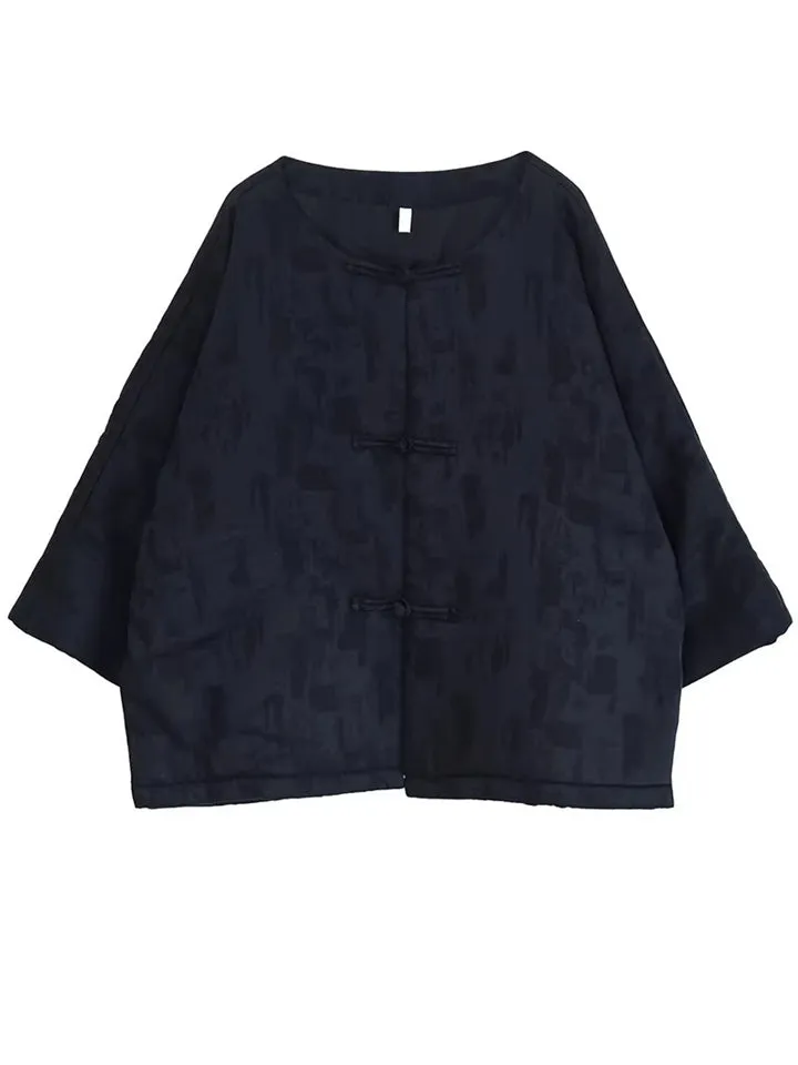 Women's Retro Knot Button 3/4 Sleeve Round Neck Cotton Coat