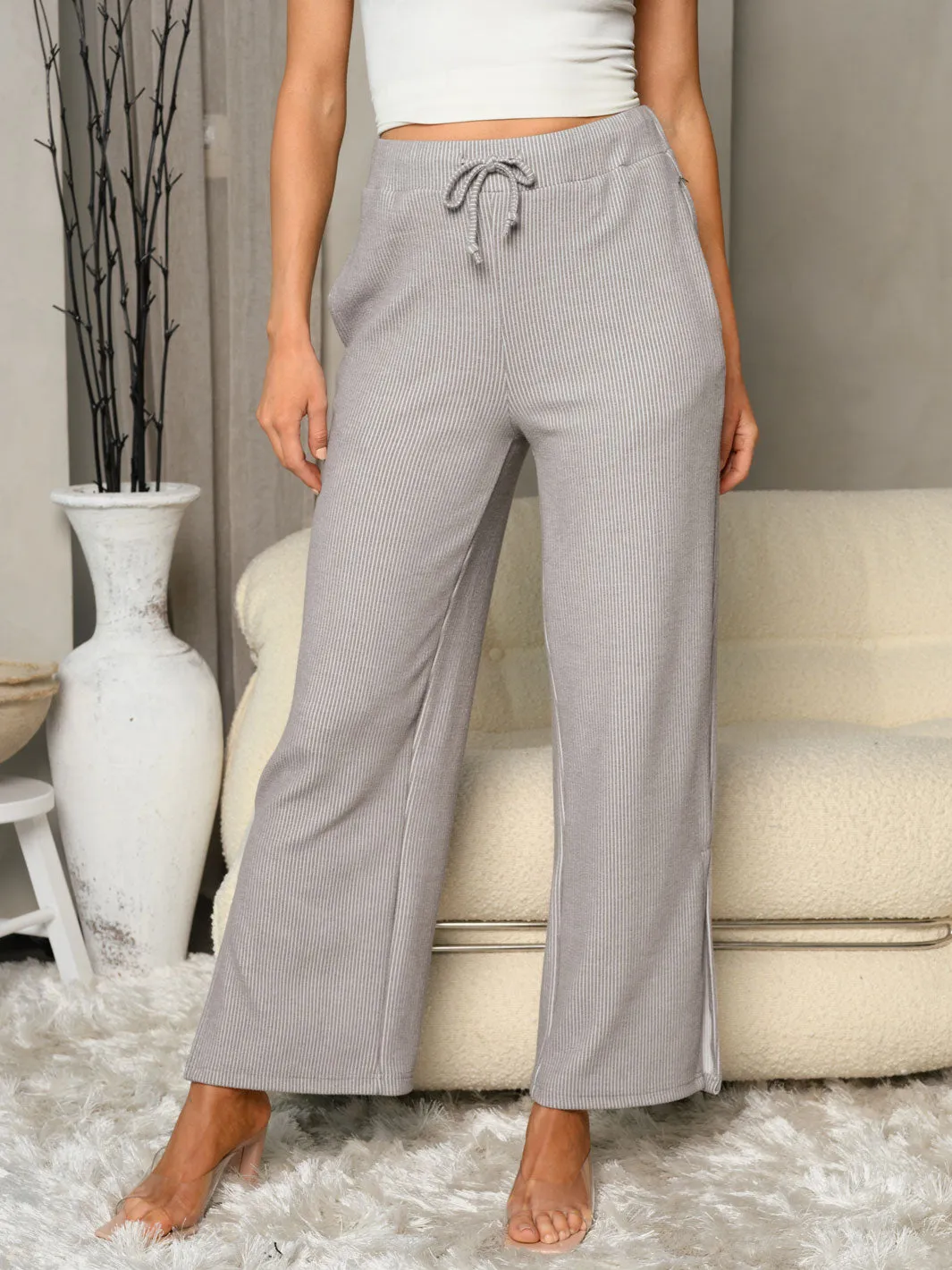 WOMEN'S RIBBED WIDE LEG WITH POCKETS PANTS