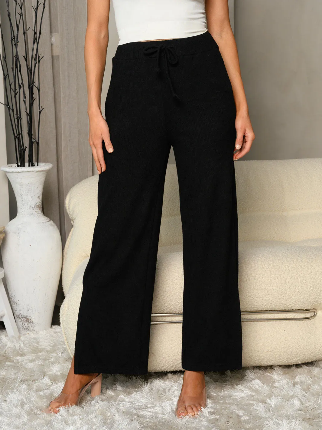 WOMEN'S RIBBED WIDE LEG WITH POCKETS PANTS