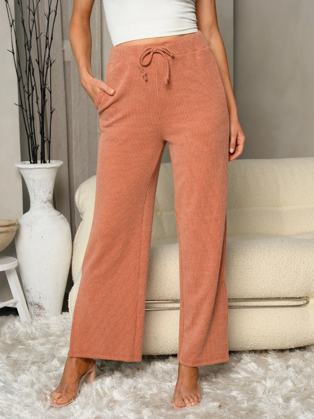 WOMEN'S RIBBED WIDE LEG WITH POCKETS PANTS