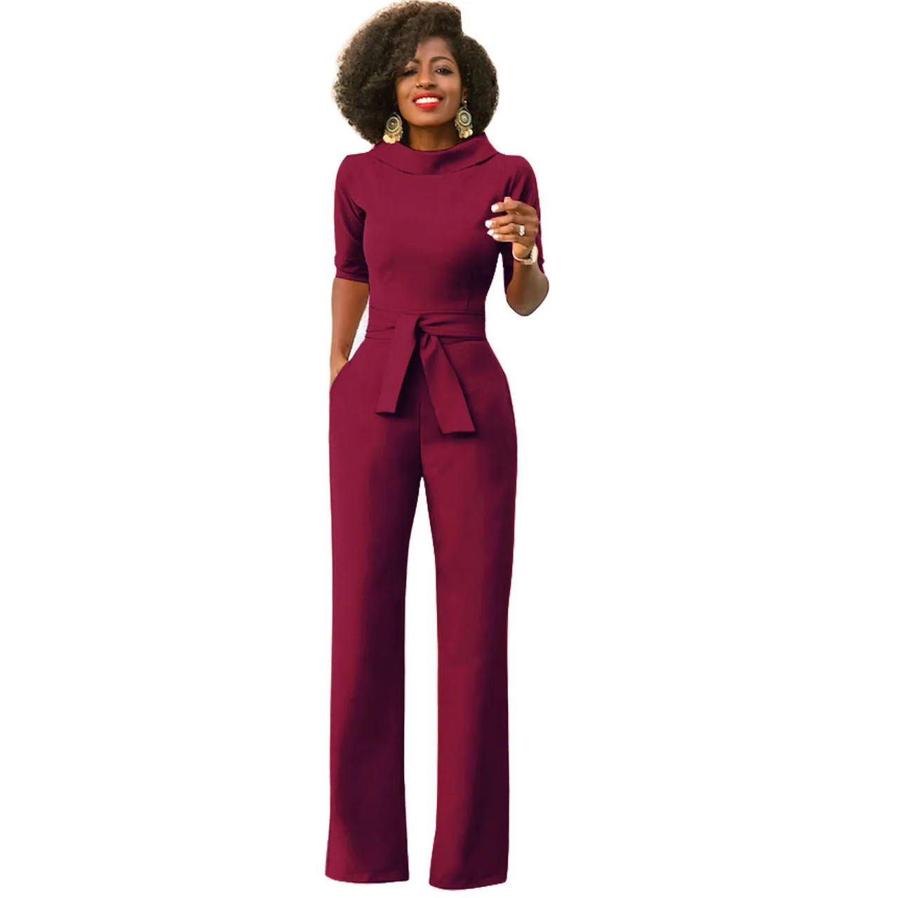 Women's Solid Color Five Quarter Sleeve High Waist Wide Leg Jumpsuit
