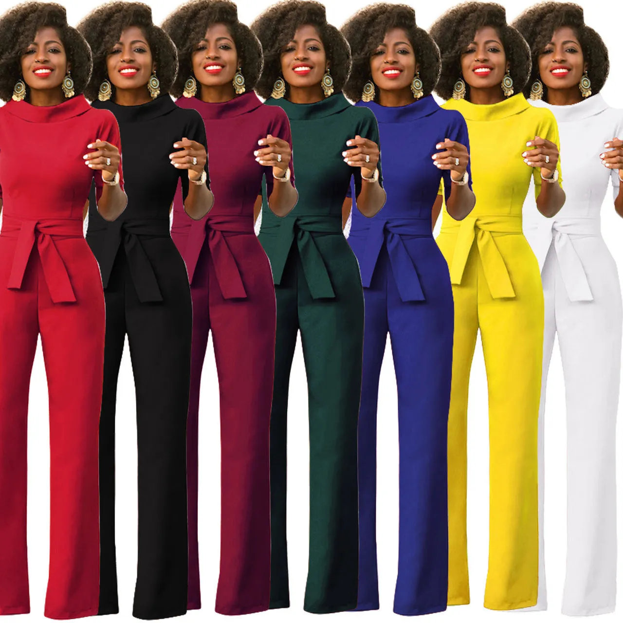 Women's Solid Color Five Quarter Sleeve High Waist Wide Leg Jumpsuit