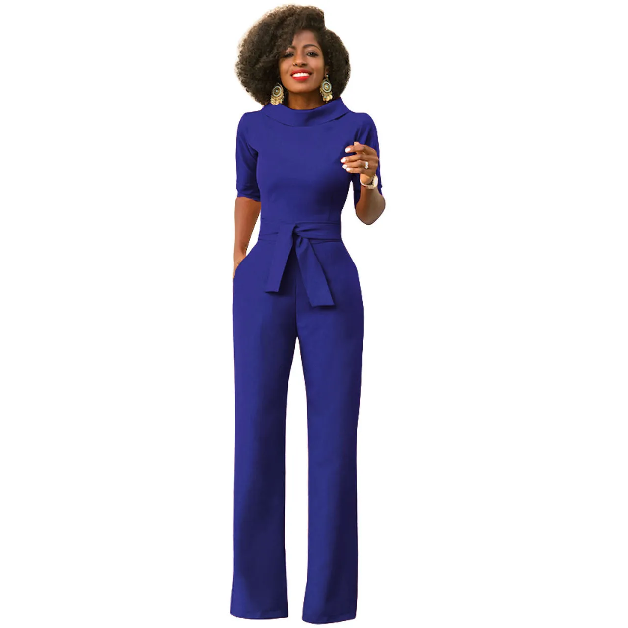 Women's Solid Color Five Quarter Sleeve High Waist Wide Leg Jumpsuit