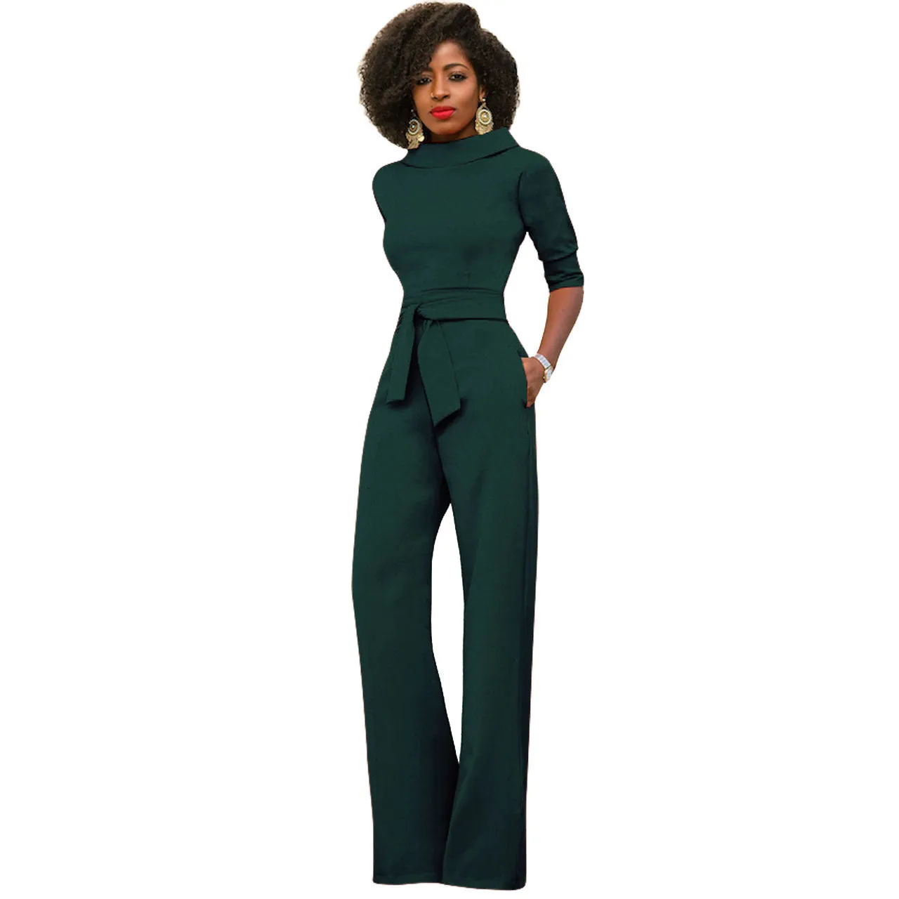 Women's Solid Color Five Quarter Sleeve High Waist Wide Leg Jumpsuit