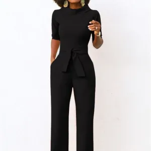 Women's Solid Color Five Quarter Sleeve High Waist Wide Leg Jumpsuit