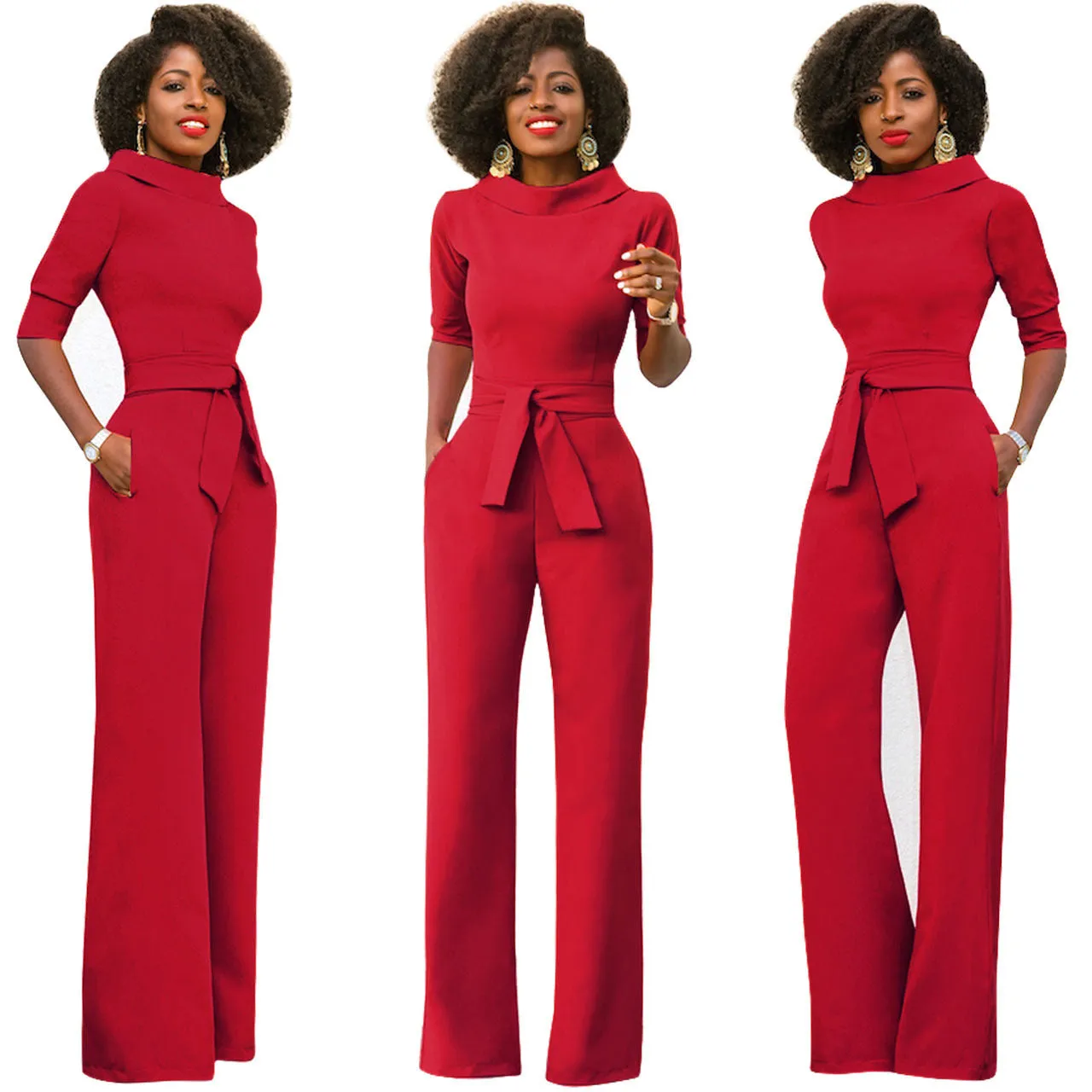 Women's Solid Color Five Quarter Sleeve High Waist Wide Leg Jumpsuit