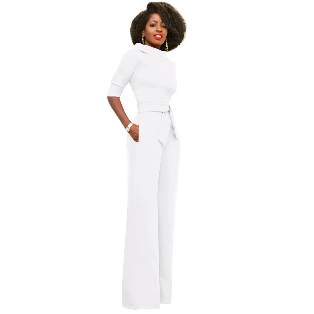 Women's Solid Color Five Quarter Sleeve High Waist Wide Leg Jumpsuit