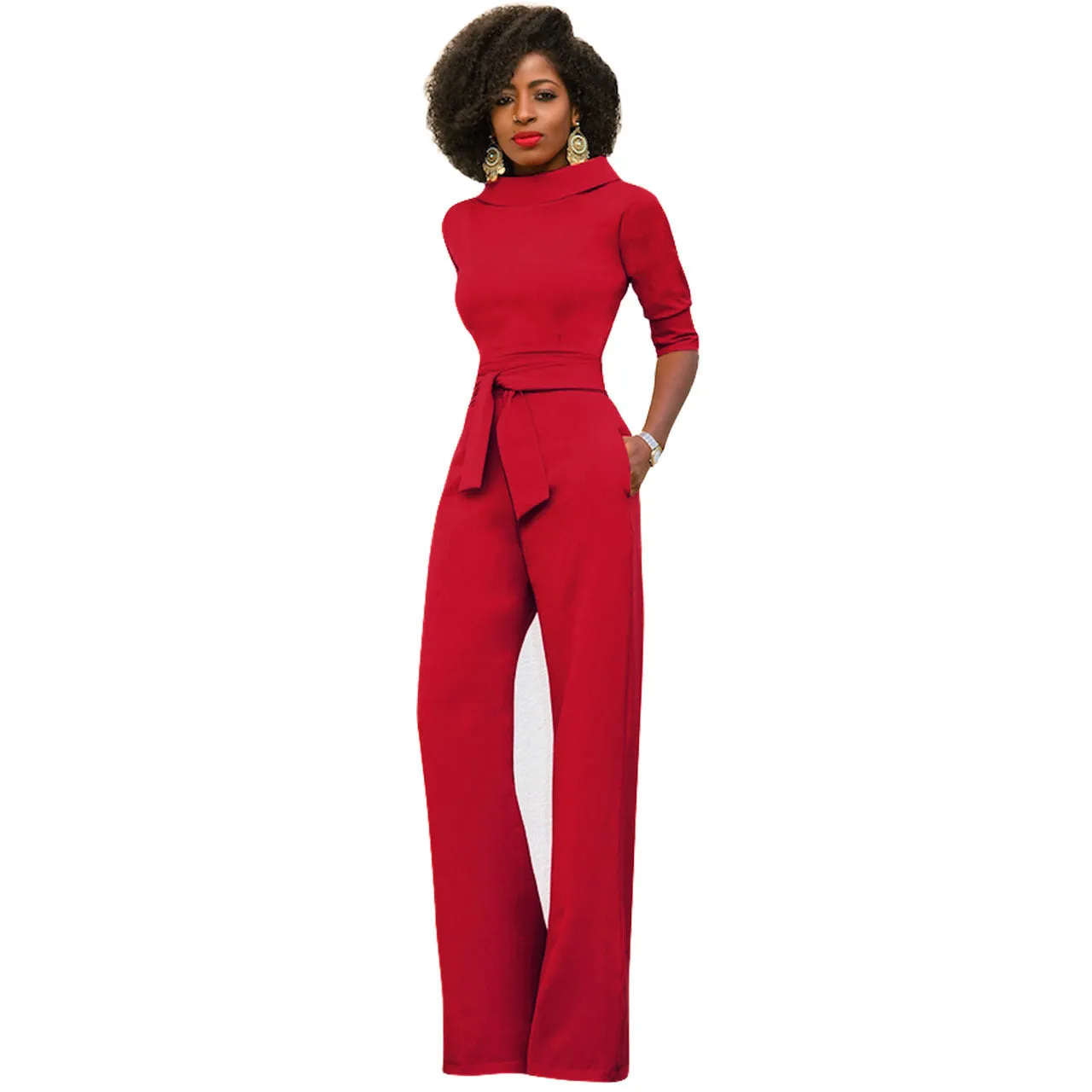 Women's Solid Color Five Quarter Sleeve High Waist Wide Leg Jumpsuit