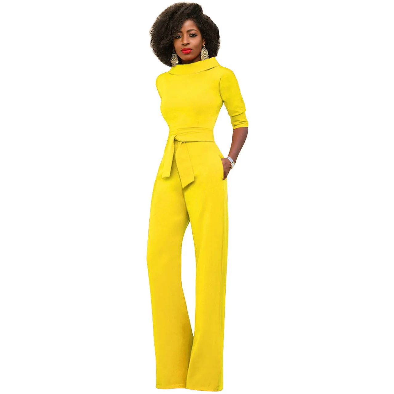 Women's Solid Color Five Quarter Sleeve High Waist Wide Leg Jumpsuit