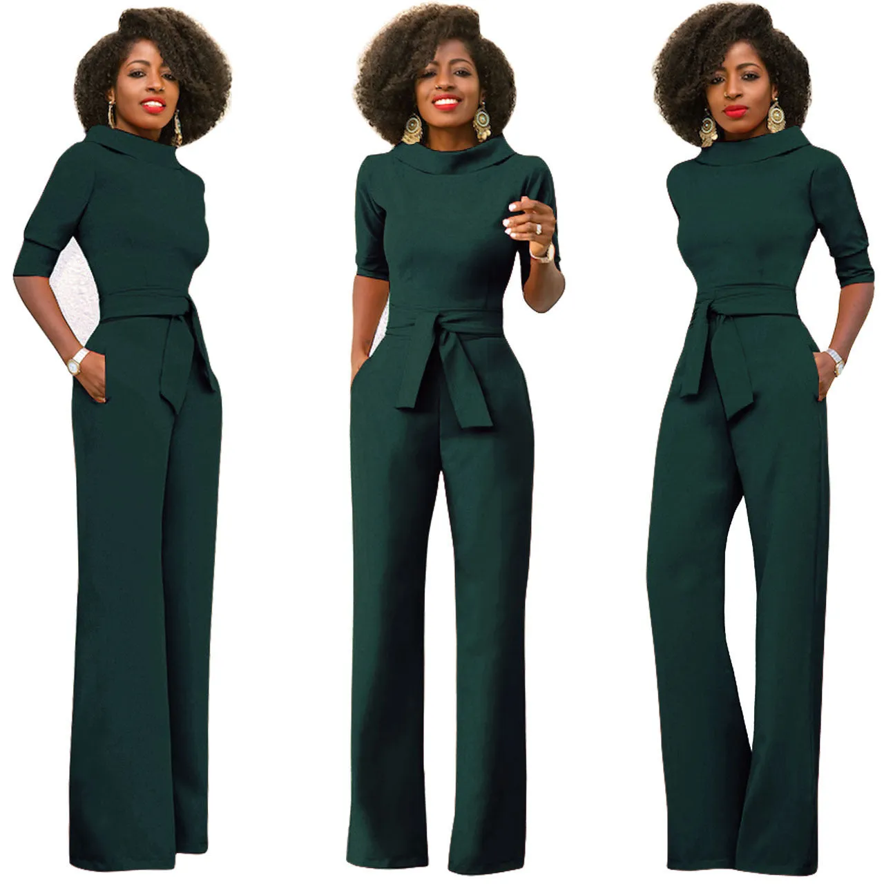 Women's Solid Color Five Quarter Sleeve High Waist Wide Leg Jumpsuit