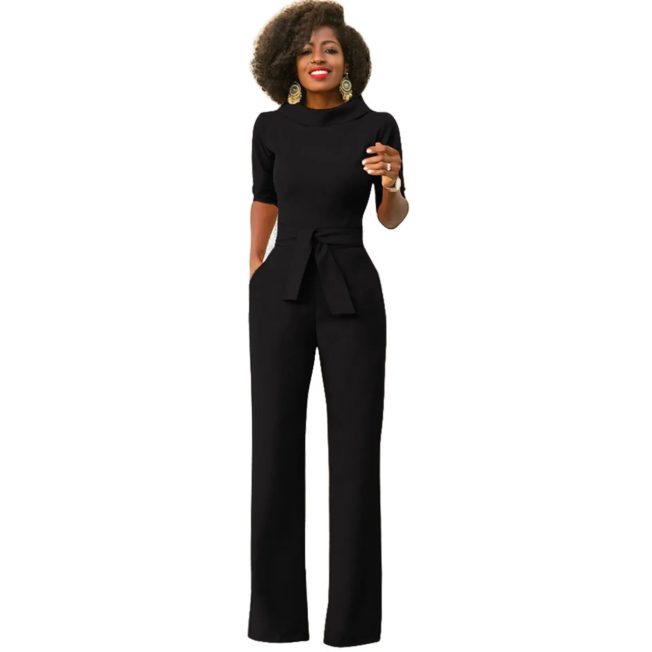 Women's Solid Color Five Quarter Sleeve High Waist Wide Leg Jumpsuit