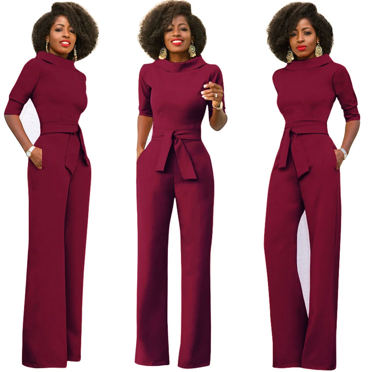 Women's Solid Color Five Quarter Sleeve High Waist Wide Leg Jumpsuit