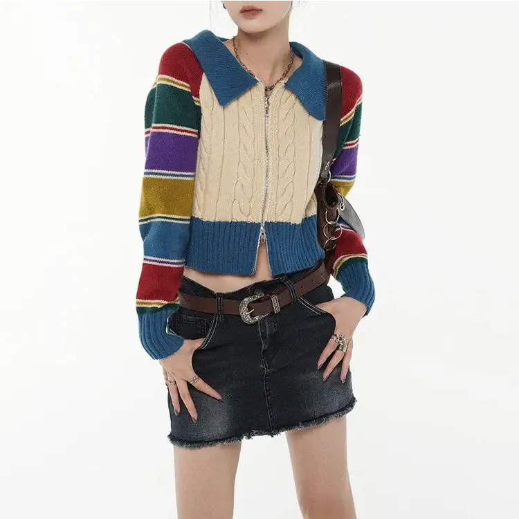 Y2K Knit Striped Rainbow Collar Cardigan Full Zip Jacket