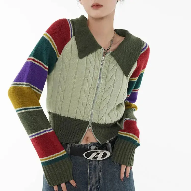Y2K Knit Striped Rainbow Collar Cardigan Full Zip Jacket