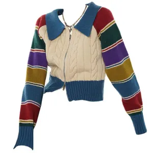 Y2K Knit Striped Rainbow Collar Cardigan Full Zip Jacket