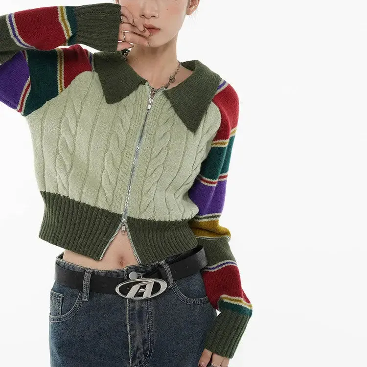 Y2K Knit Striped Rainbow Collar Cardigan Full Zip Jacket