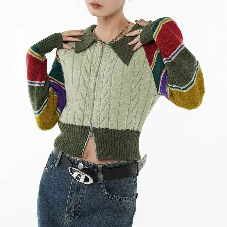 Y2K Knit Striped Rainbow Collar Cardigan Full Zip Jacket