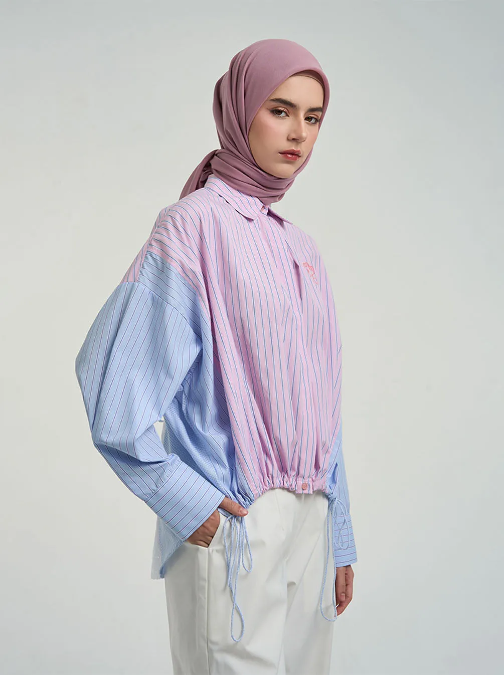 YUA GATHERED TOP PINK BLUE