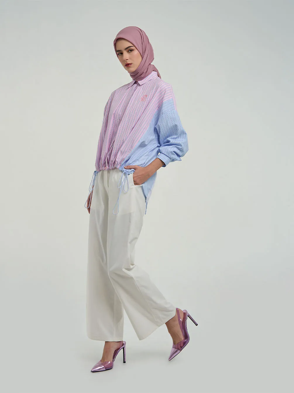 YUA GATHERED TOP PINK BLUE