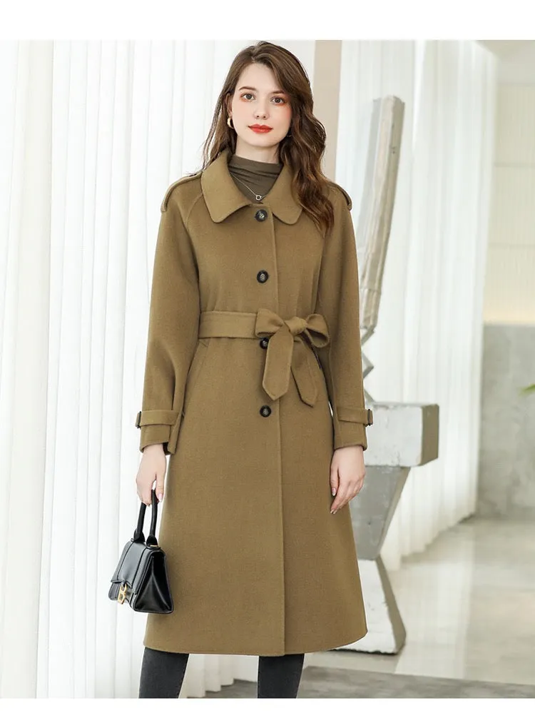 ZABRI Hot selling customized design ladies winter  belted cashmere long wool coat women