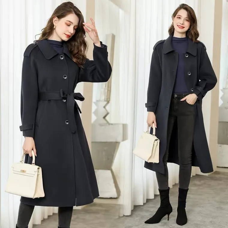 ZABRI Hot selling customized design ladies winter  belted cashmere long wool coat women