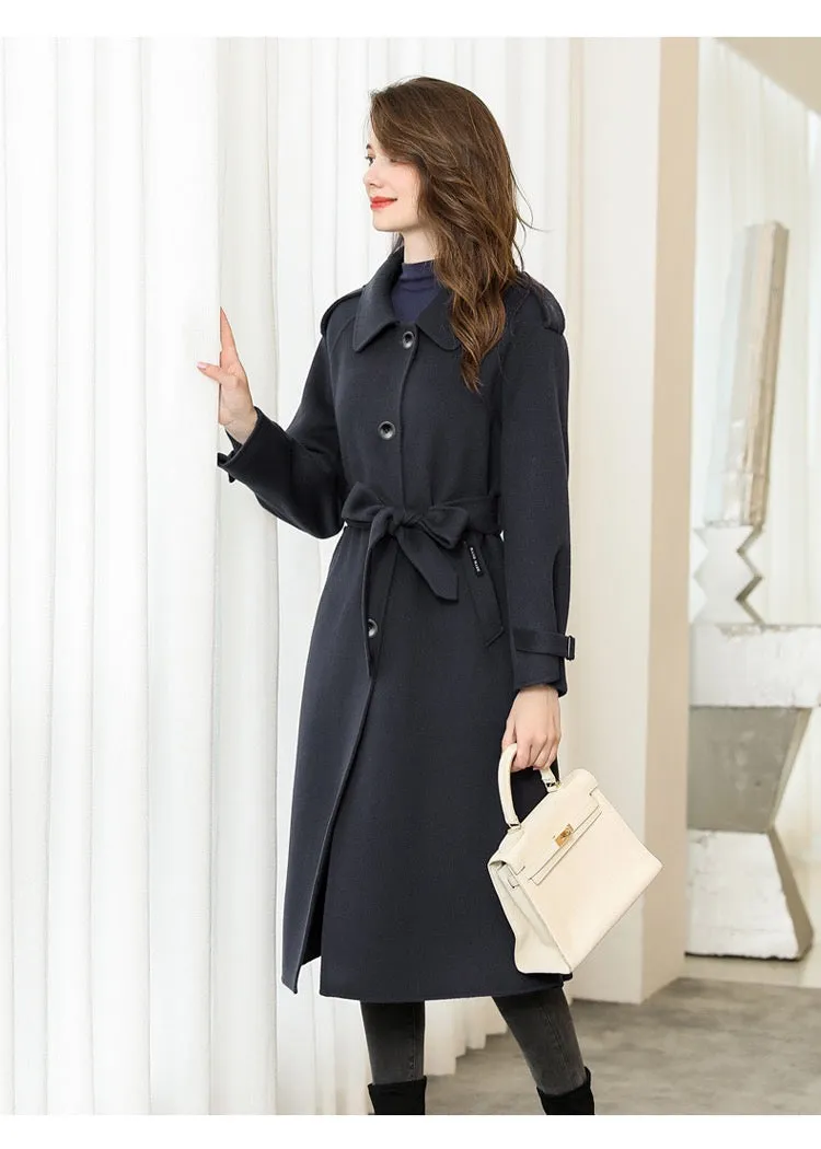 ZABRI Hot selling customized design ladies winter  belted cashmere long wool coat women
