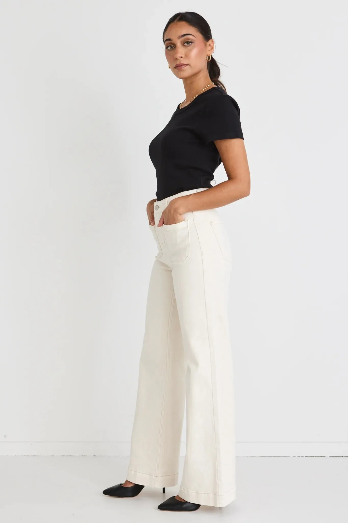 Zoey Wide Leg Pocket Jean - Ecru